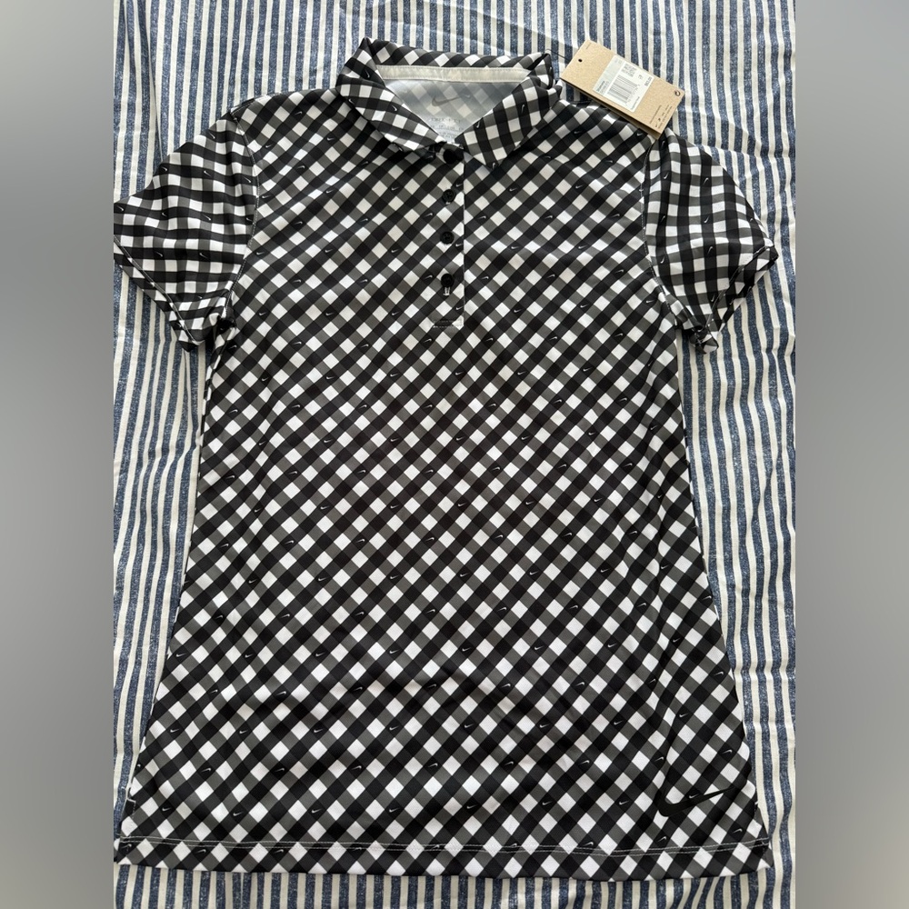 Nike Black & White Gingham Button-Front Golf Polo Top